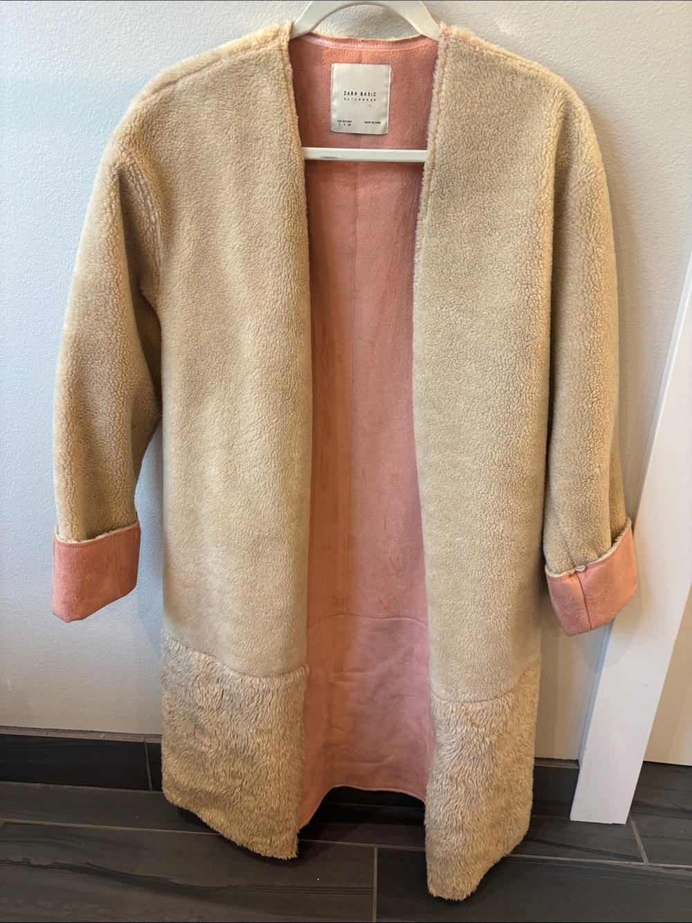 Zara Faux Shearling Coat in Beige with Pink Lining